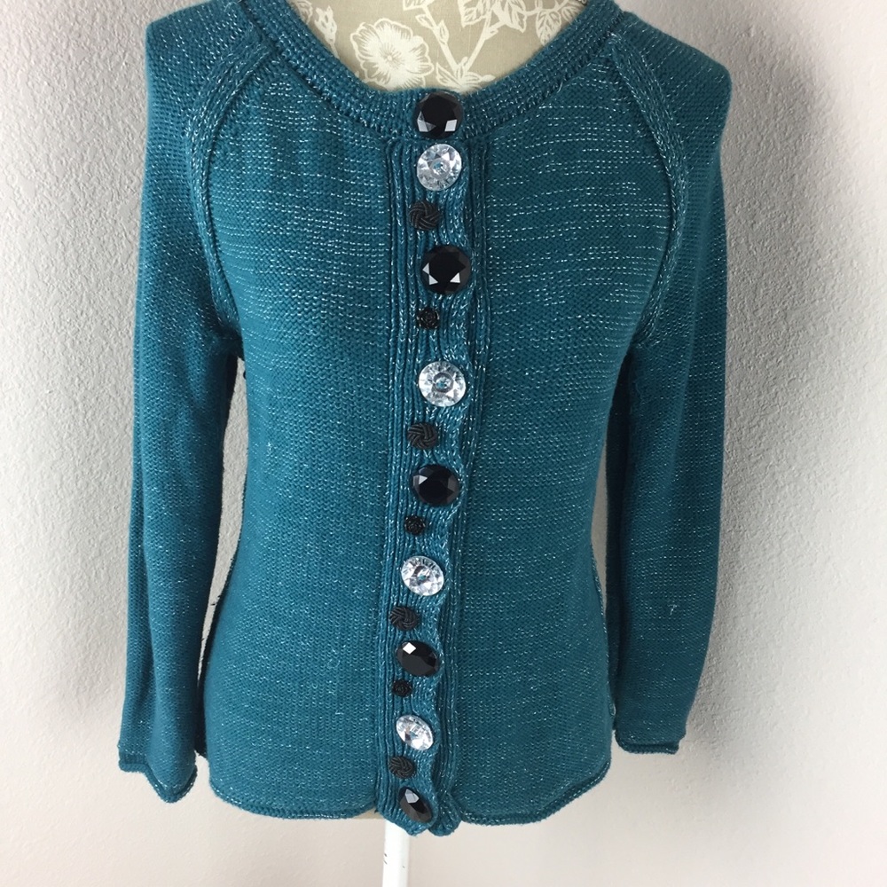 Vintage Pure Handknit Teal Green Silver Sweater Womens size small medium